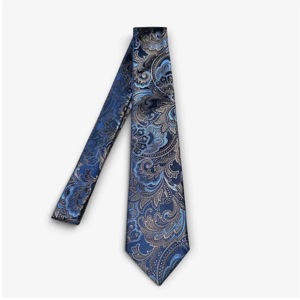 Tommy Hilfiger Mens Navy Blue Silver Paisley Woven Brocade Necktie 3.25
